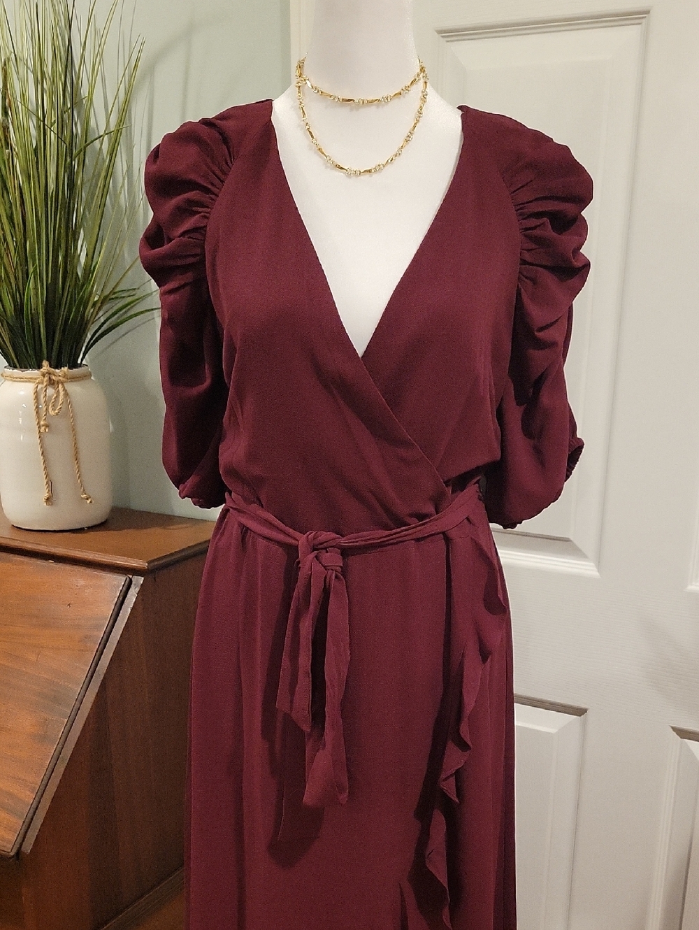 Kensie Burgundy Wrap Maxi Dress with Puff Sleeves